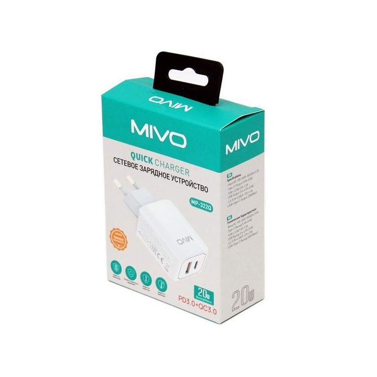 Сетевое зарядное устройство Mivo 20W 1-usb 1-Type-c MP-322Q